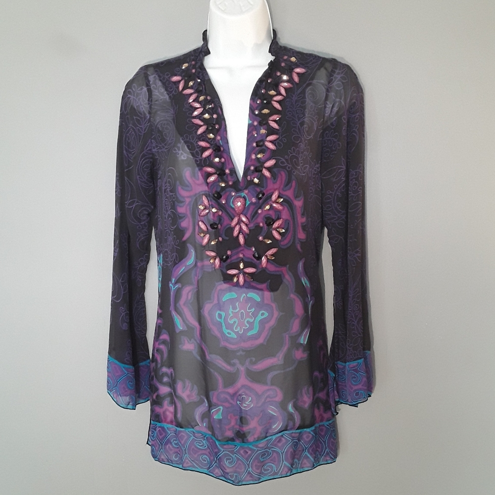 Hale Bob silk sheer beaded tunic swim cover up, XS